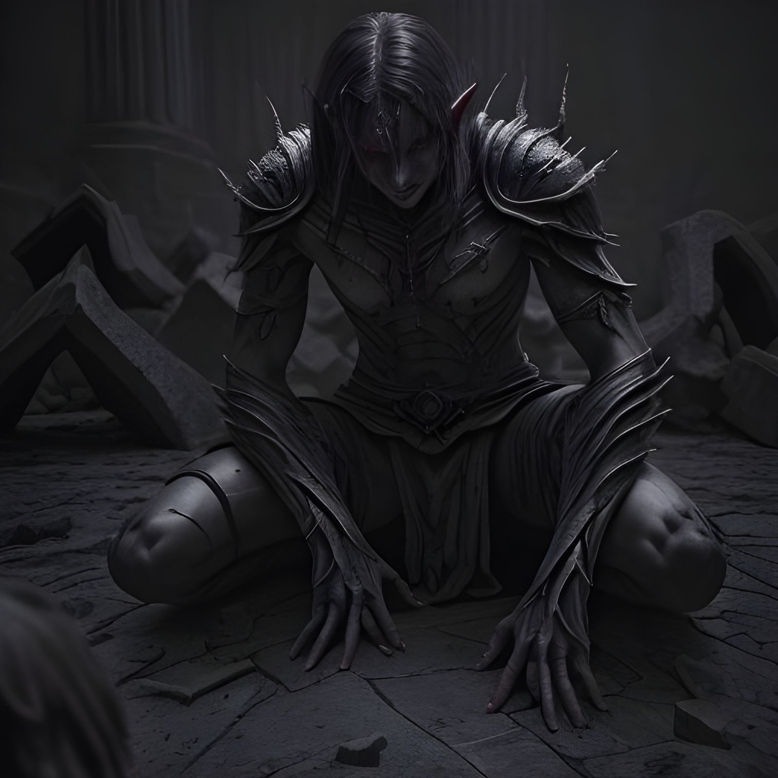 Wounded Dark Elf Warrior Fused with Dark Power