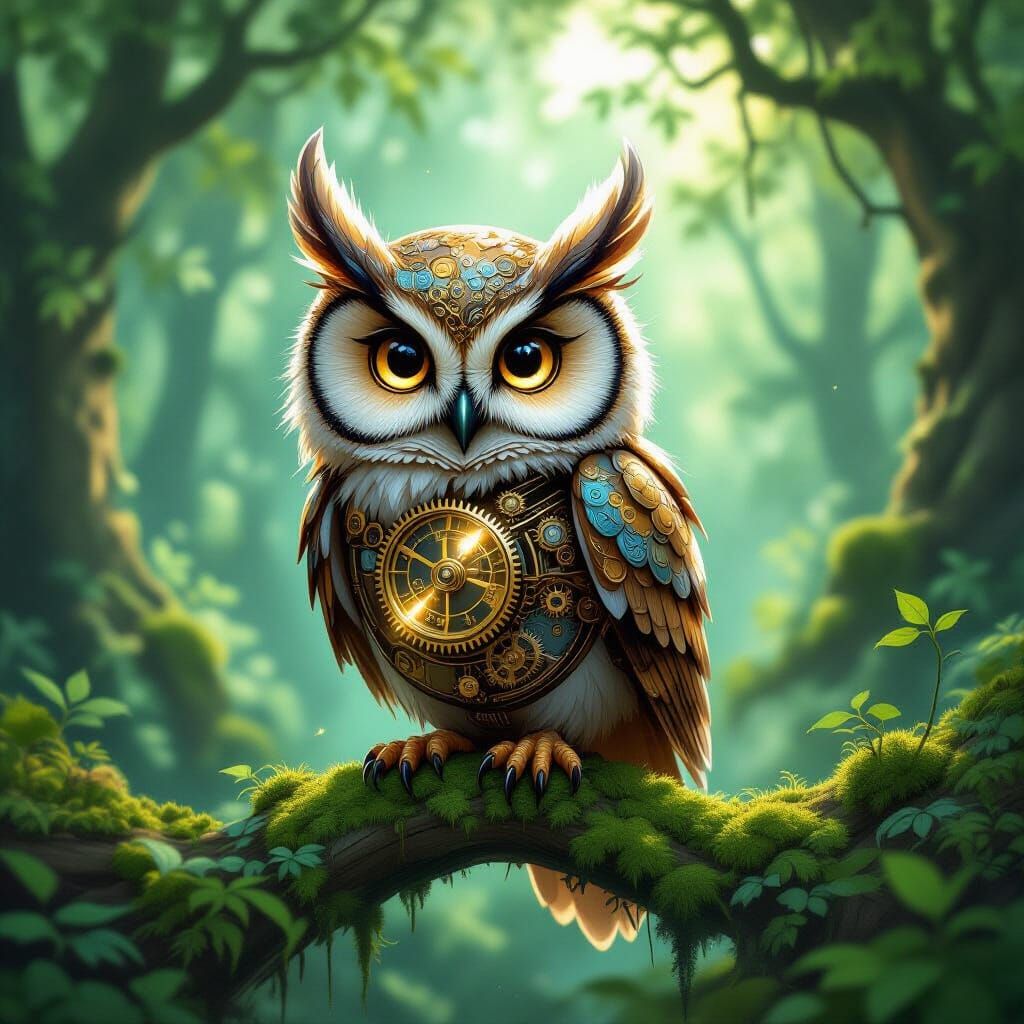Clockwork Owl on Branch in Enchanted Forest