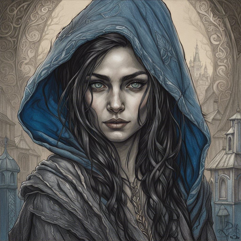 Elven Rogue: Detailed Charcoal Portrait in Cityscape