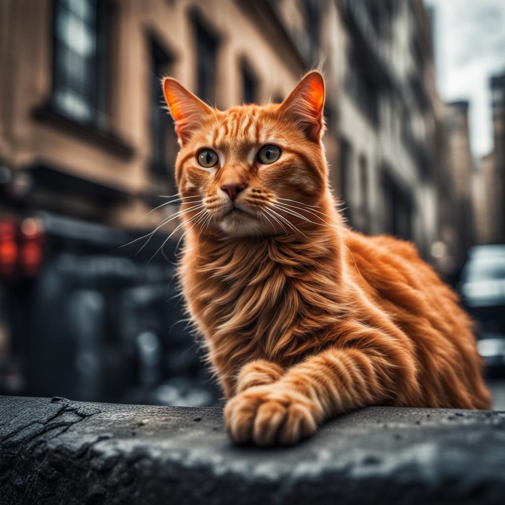 Orange Cat in Hyperrealistic Cityscape