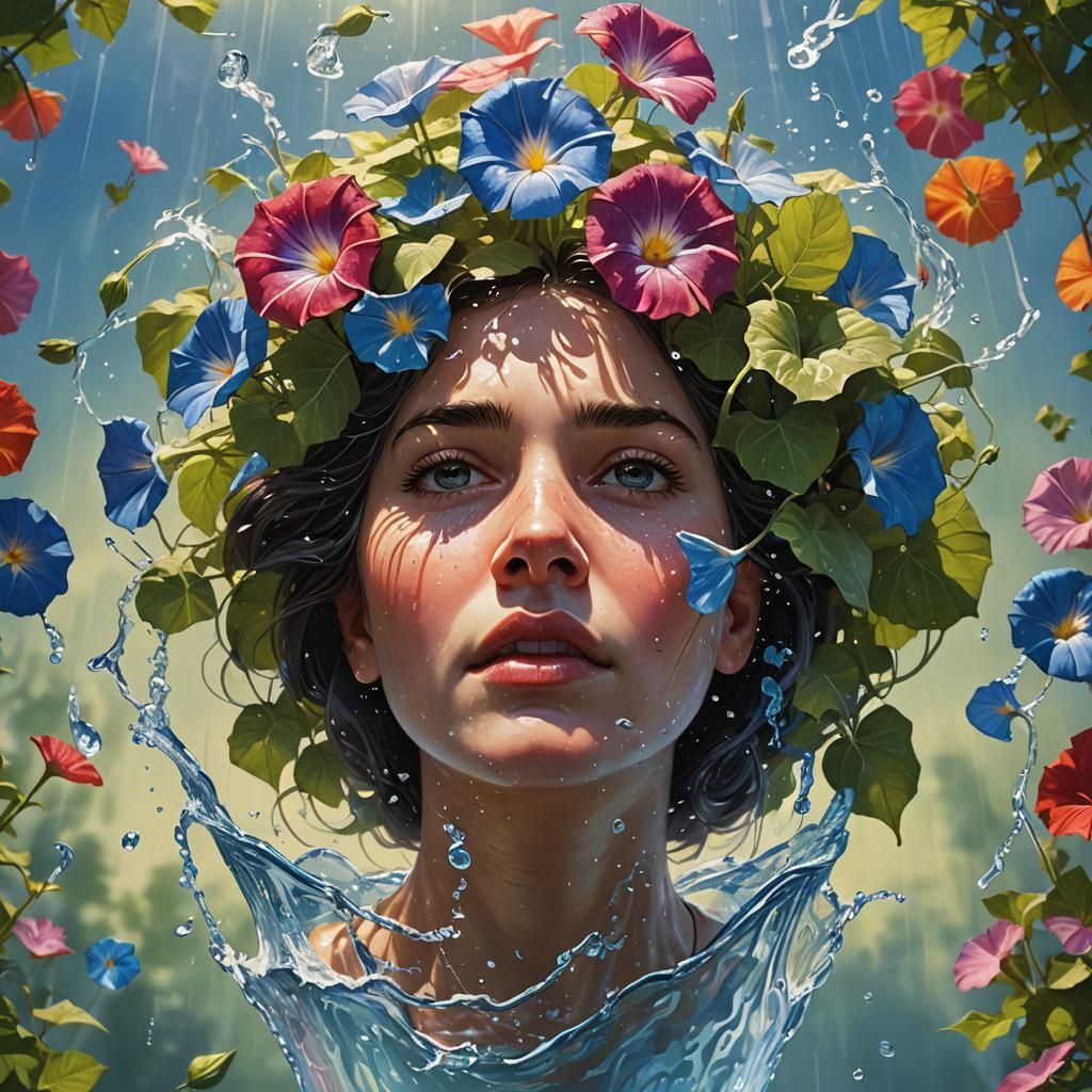 Morning Glories Capture Well-Bucket: Hyperrealistic Splash A...