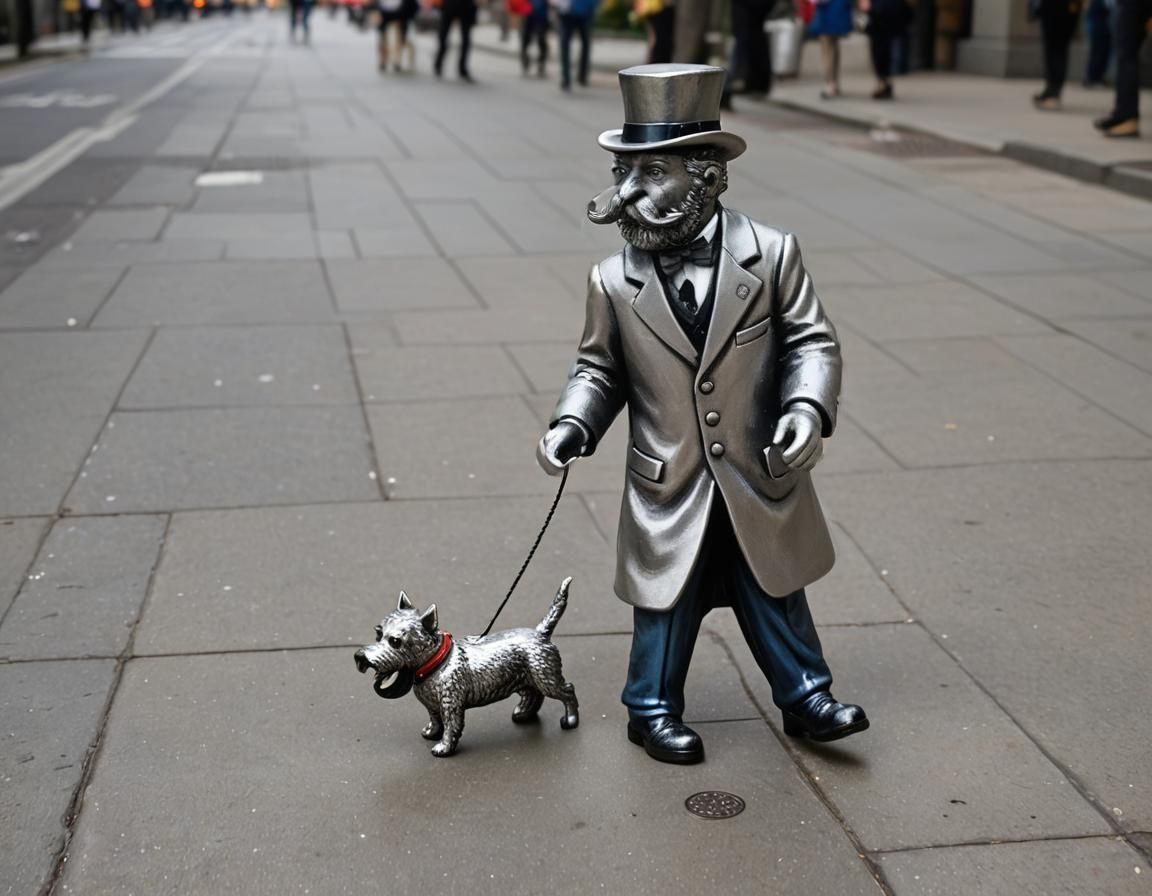 Milburn Pennybags (Monopoly Man) wearing the Top Hat game piece and walking the Scottie dog game piece