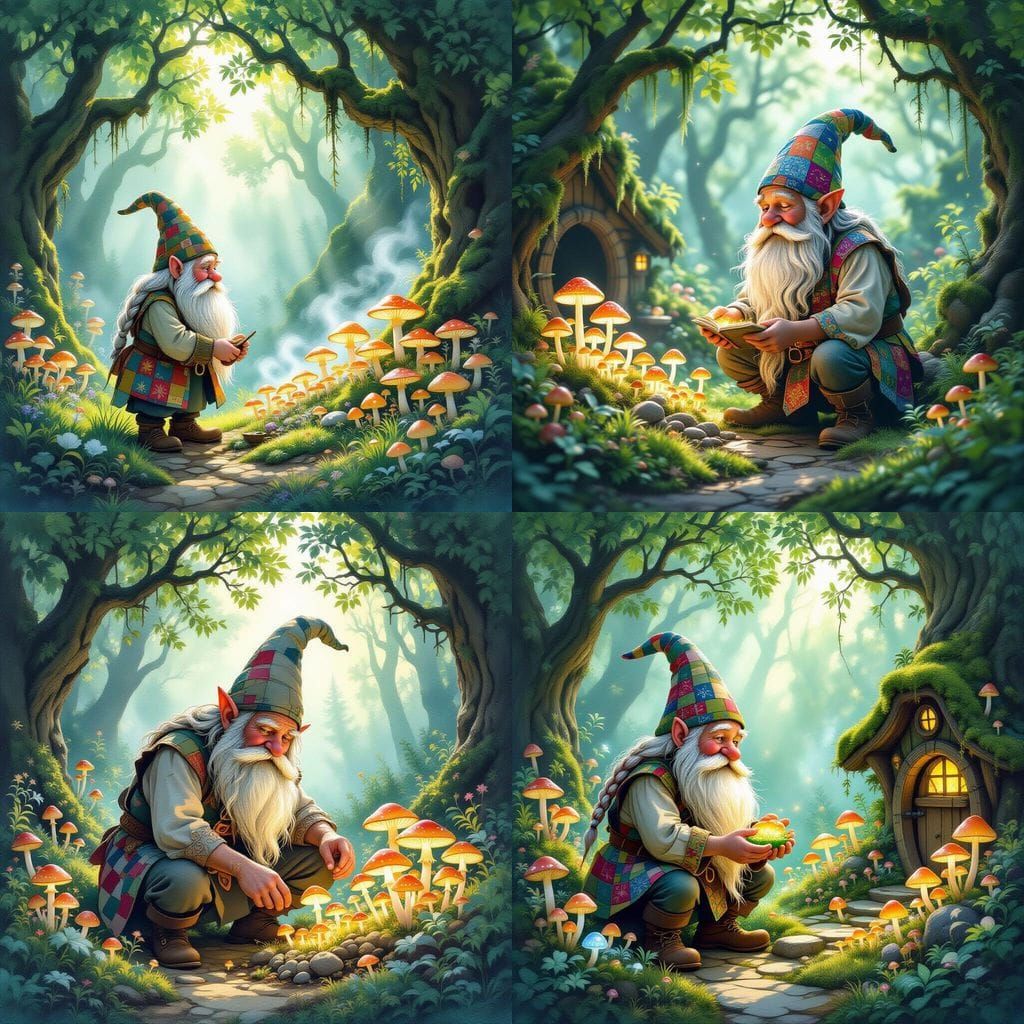 Wise Gnome Tends Glowing Mushroom Garden in Forest Clearing