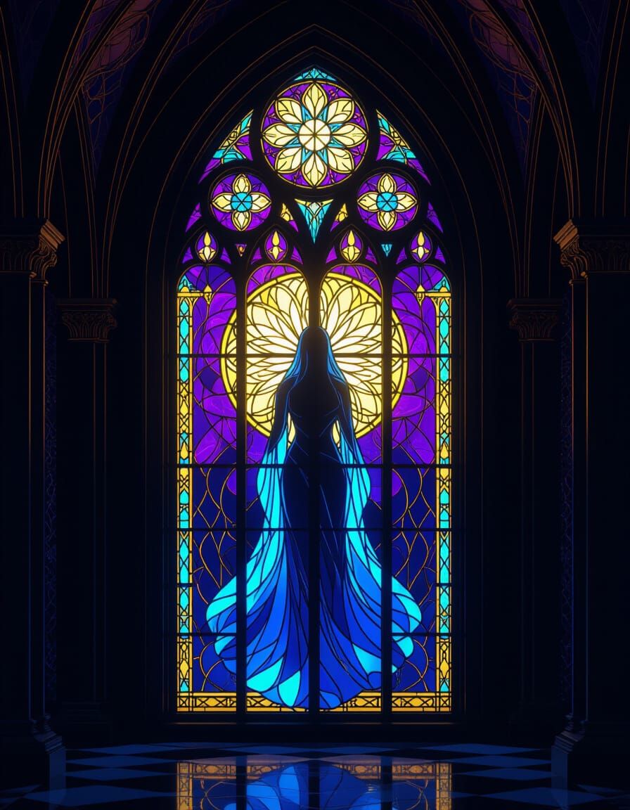 Ethereal Water Goddess in Gothic Art Nouveau Stained Glass