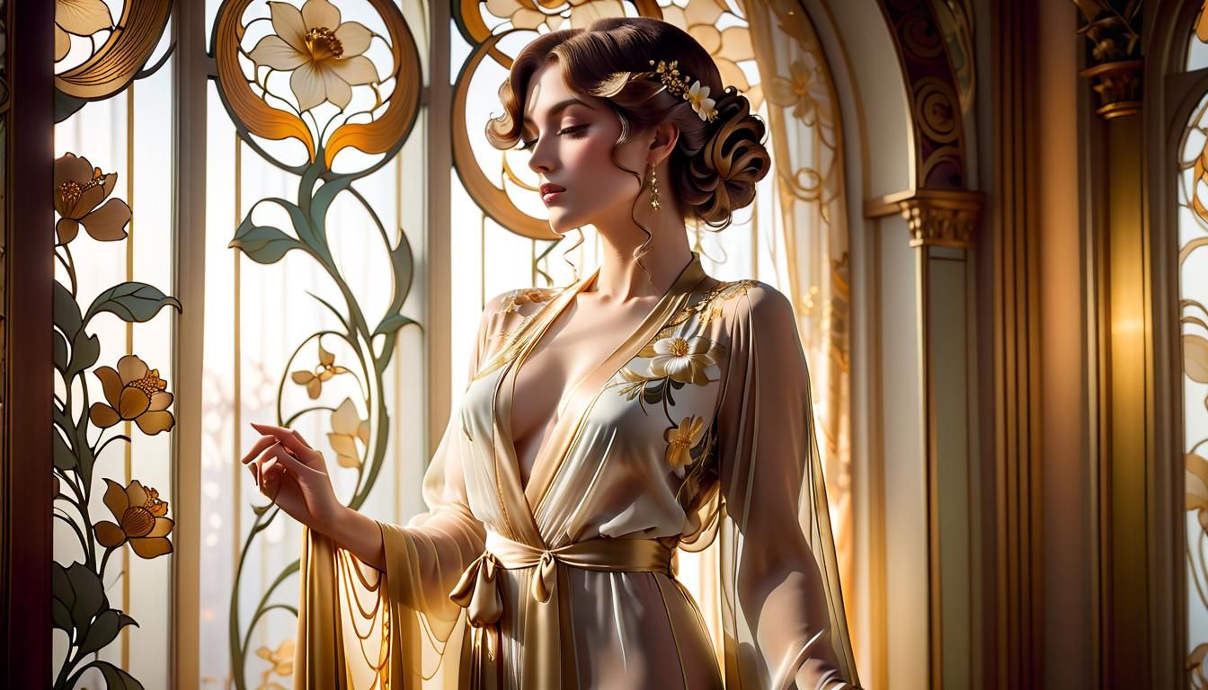 Woman in Art Nouveau Boudoir with Floral Wallpaper