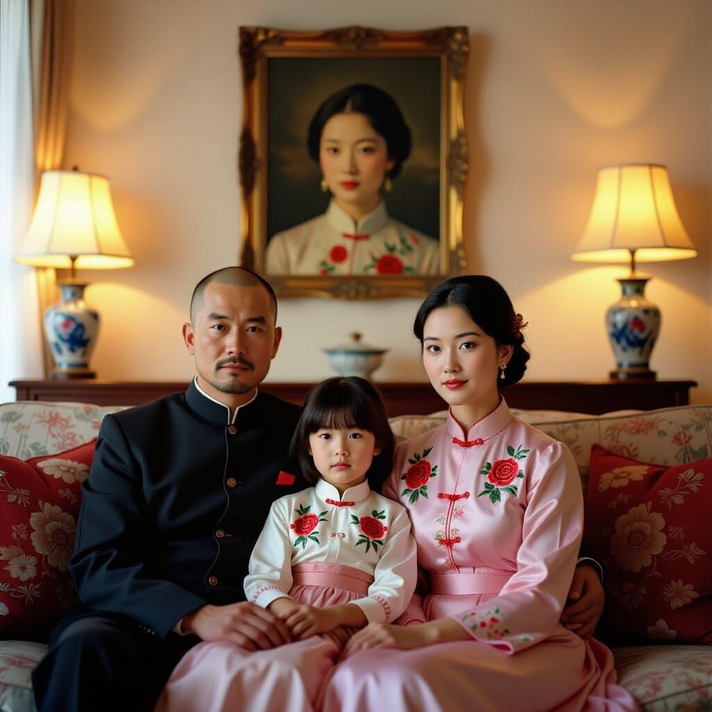 Pre-Raphaelite Chinese Family Portrait in Evening Light