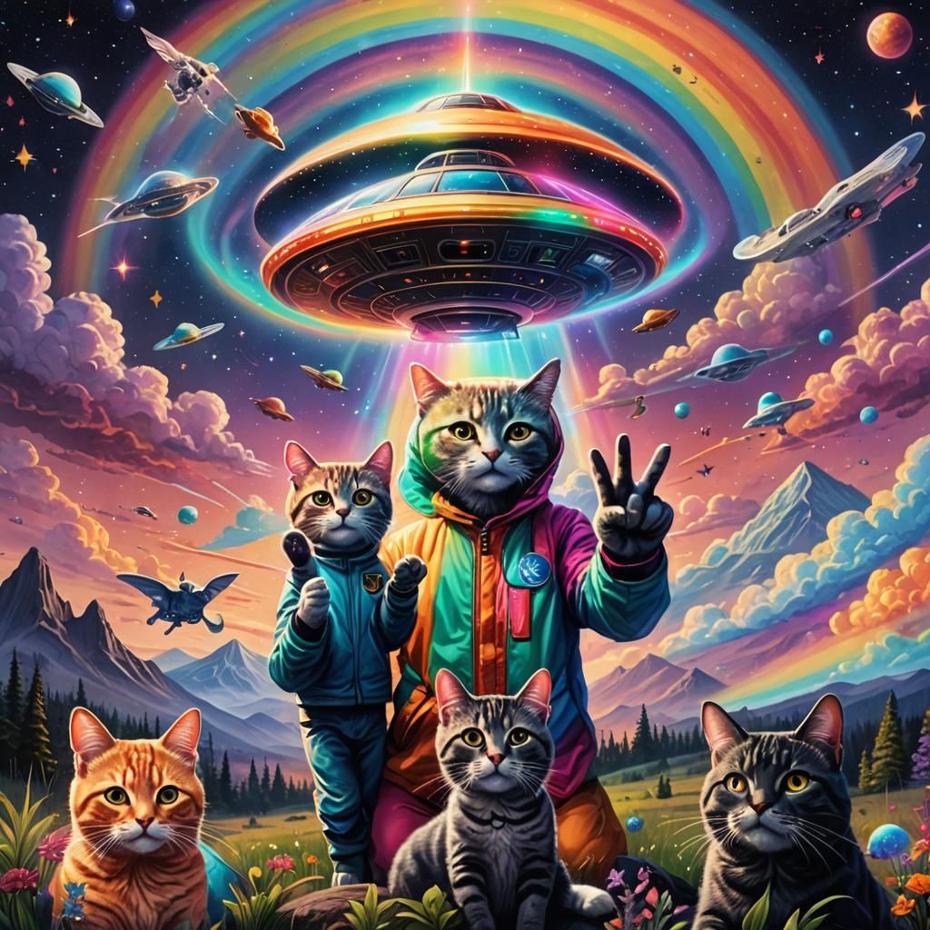 Cat Abduction by UFO: Cosmic Astral Illustration