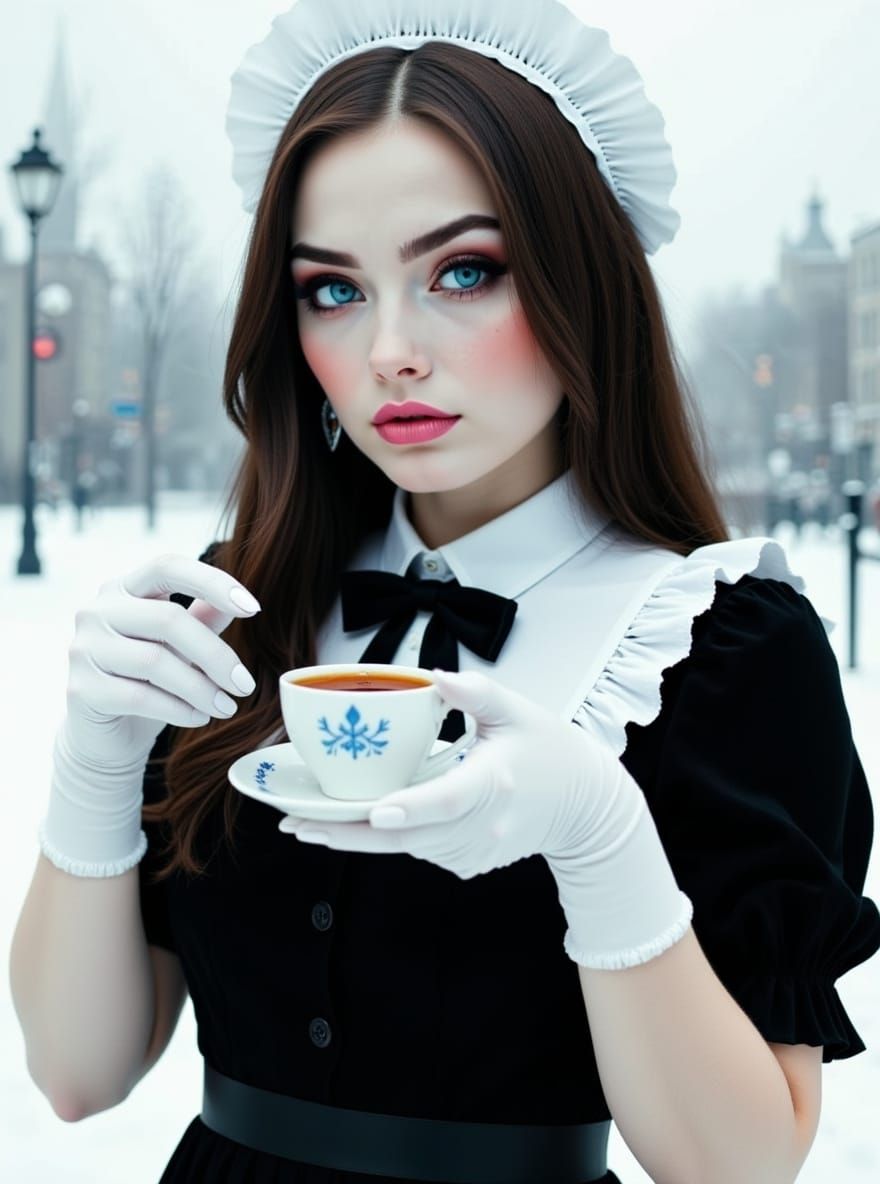 Young Woman in Maid Costume Holding Teacup