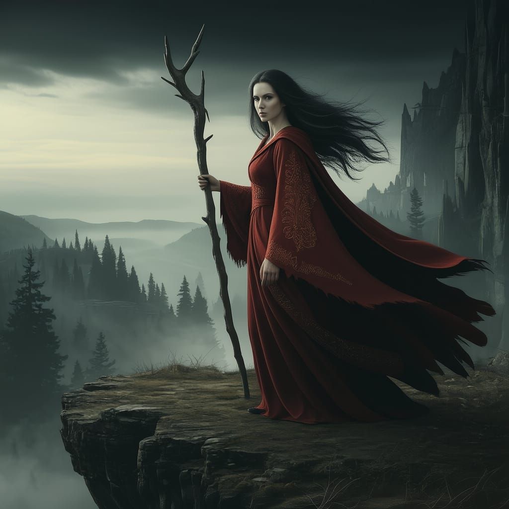 Witch on Cliff Overlooking Mystical Forest, Dark Fantasy Art