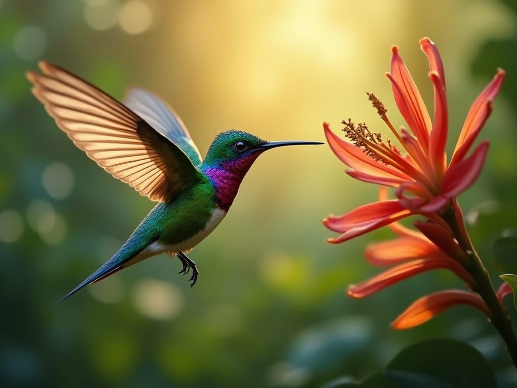 Majestic Colibri in Flight, Iridescent Feathers Glistening