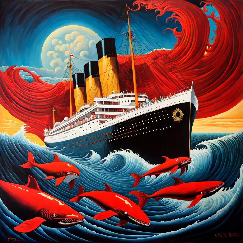 Surreal Ship Sinks in Red Waves, Grotesque Painting