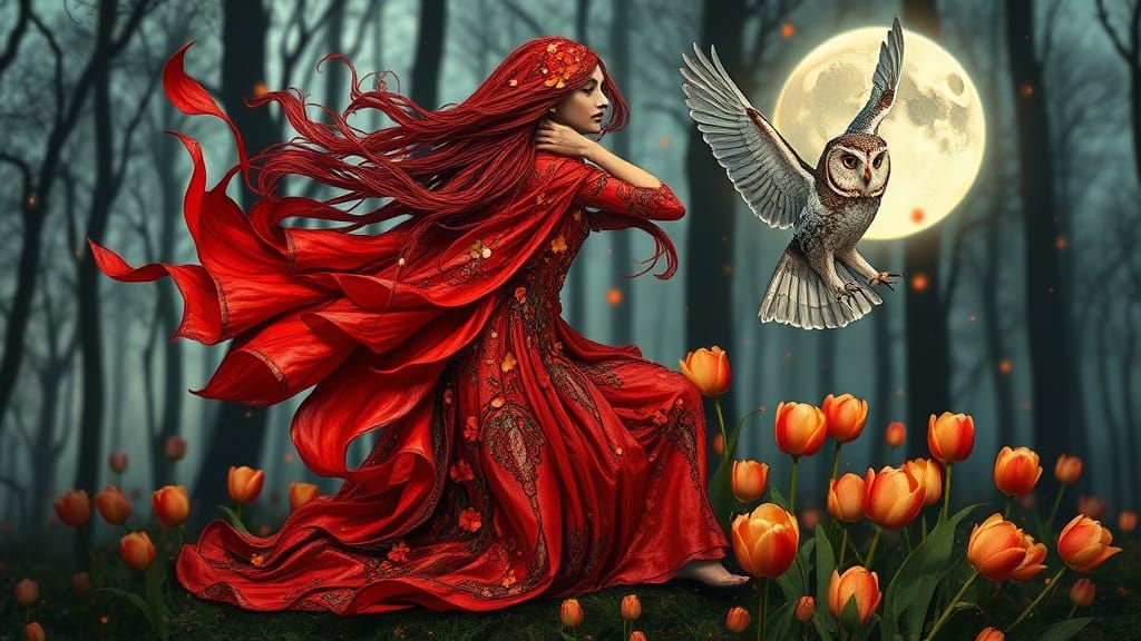 Blodeuwedd: Flower and Owl Goddess in Ethereal Style
