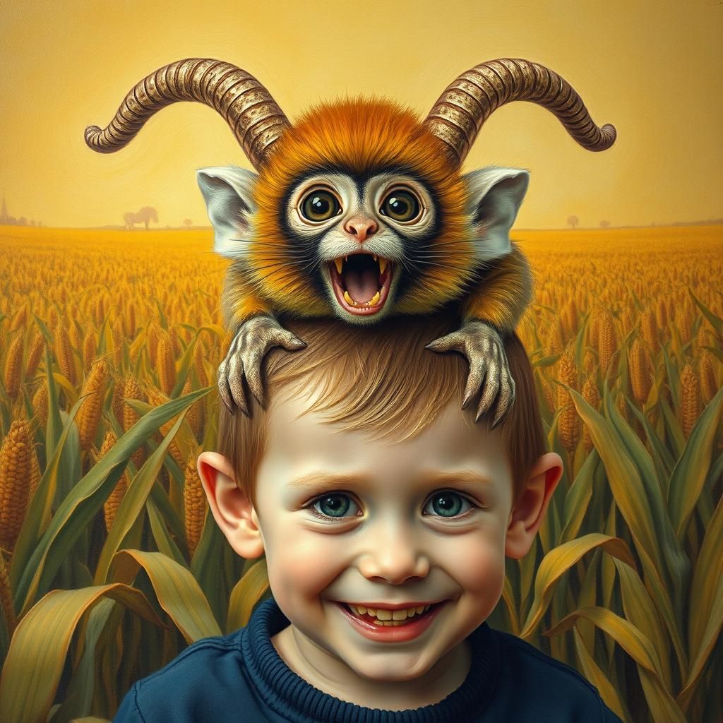 Lion Tamarin in Van Gogh Style on Child's Head