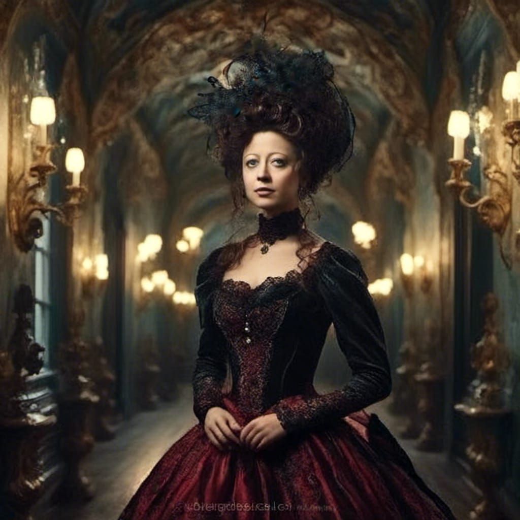 Victorian Lady in Candlelit Corridor