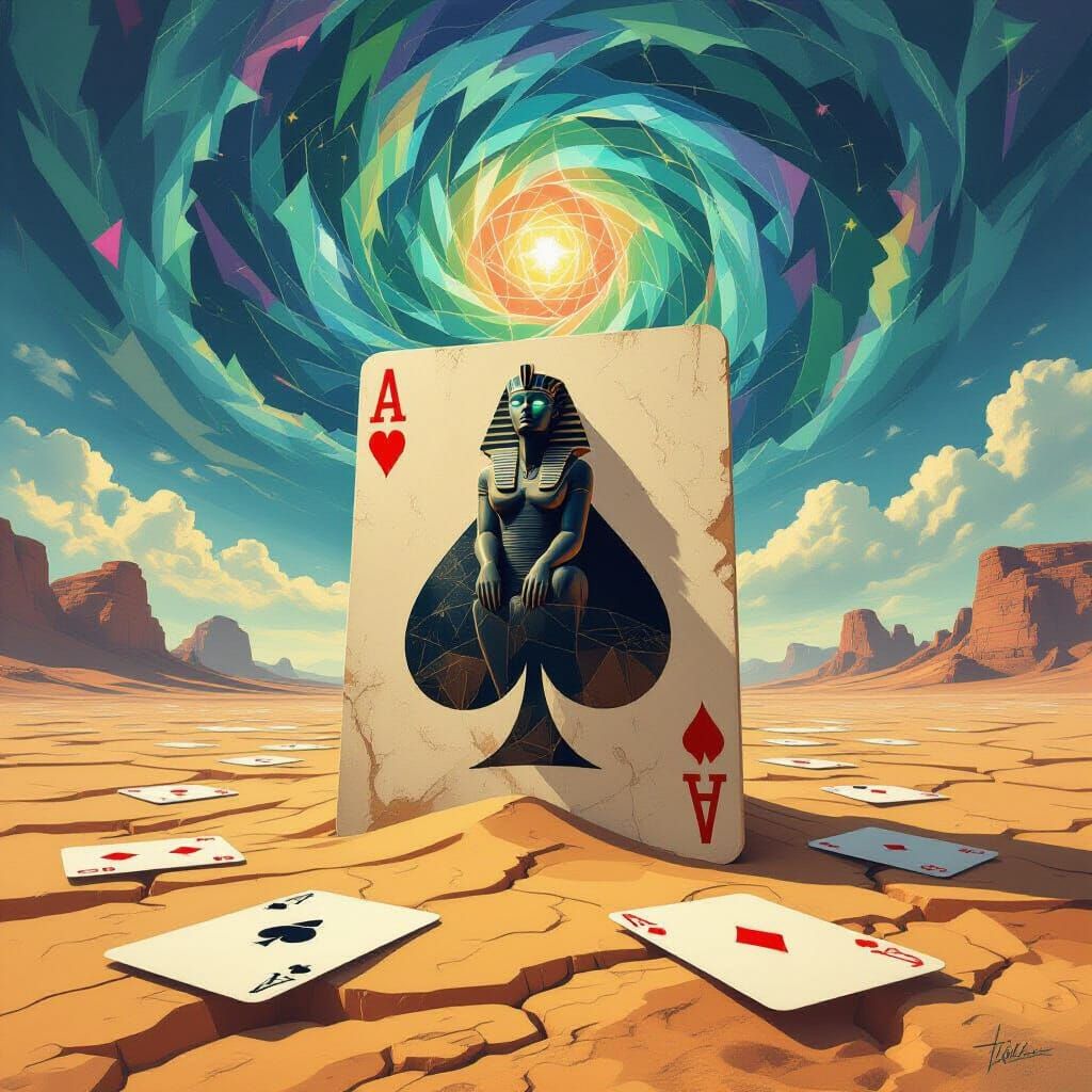 Surreal Desert Landscape with Playing Cards
