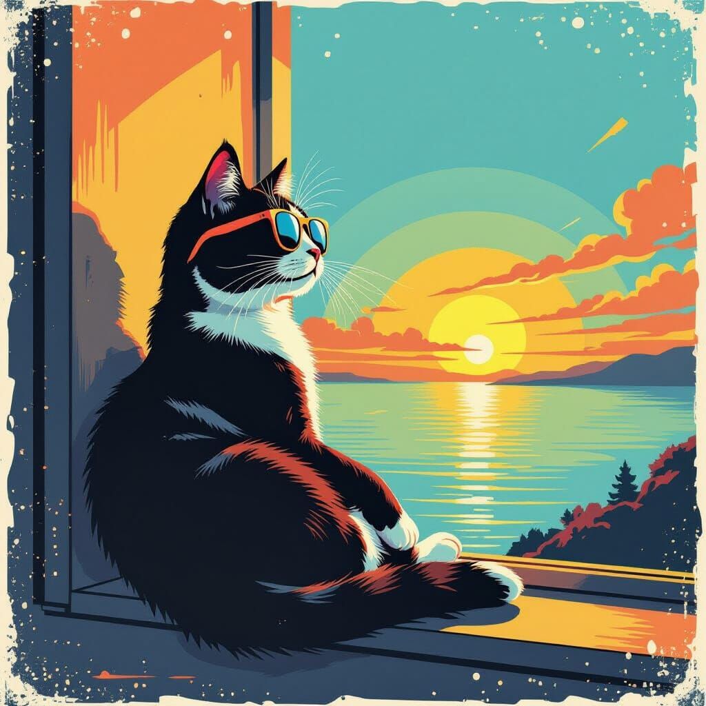 Cool Cat in Sunglasses on Windowsill, Pop Art Style