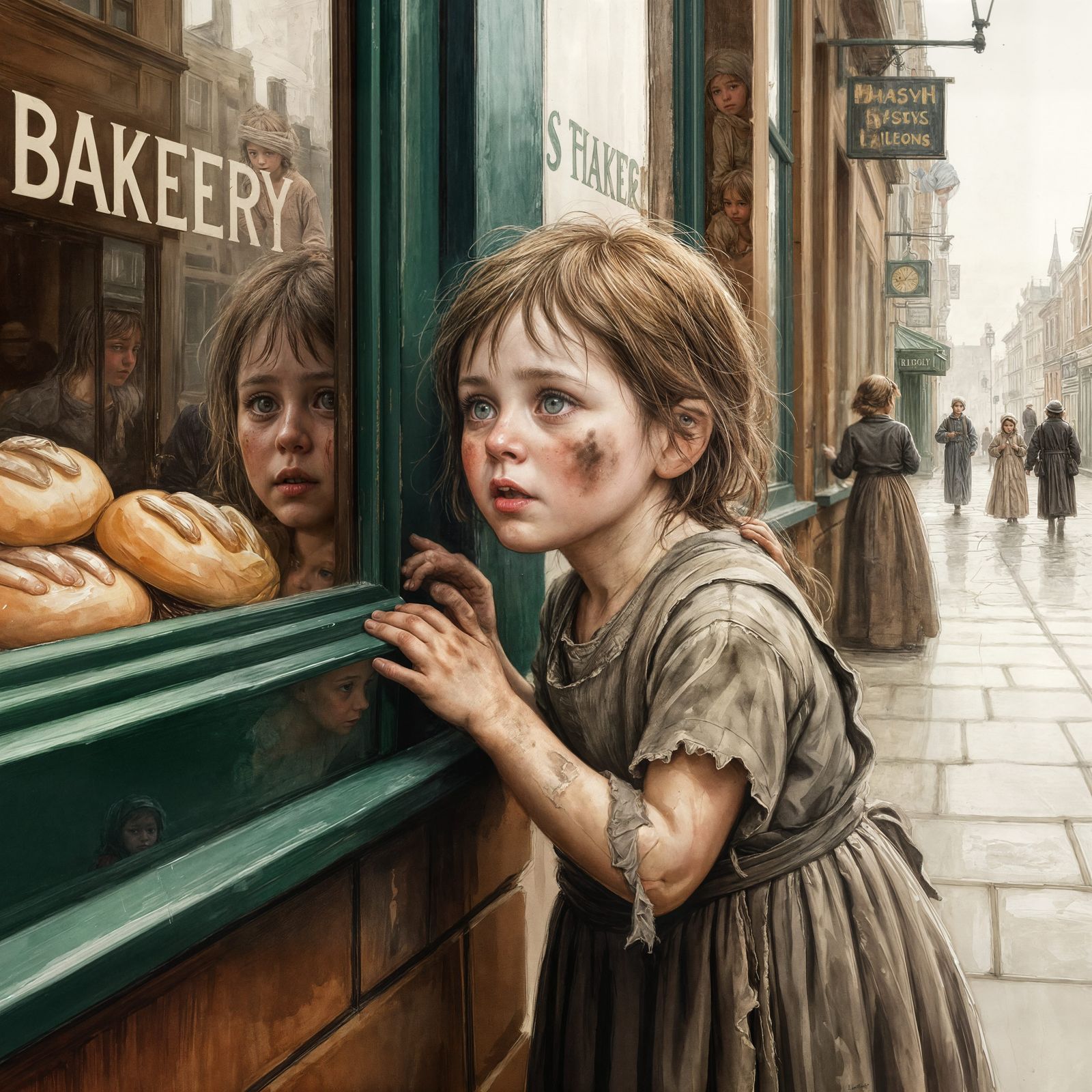 Homeless Girl Peering into London Bakery Window
