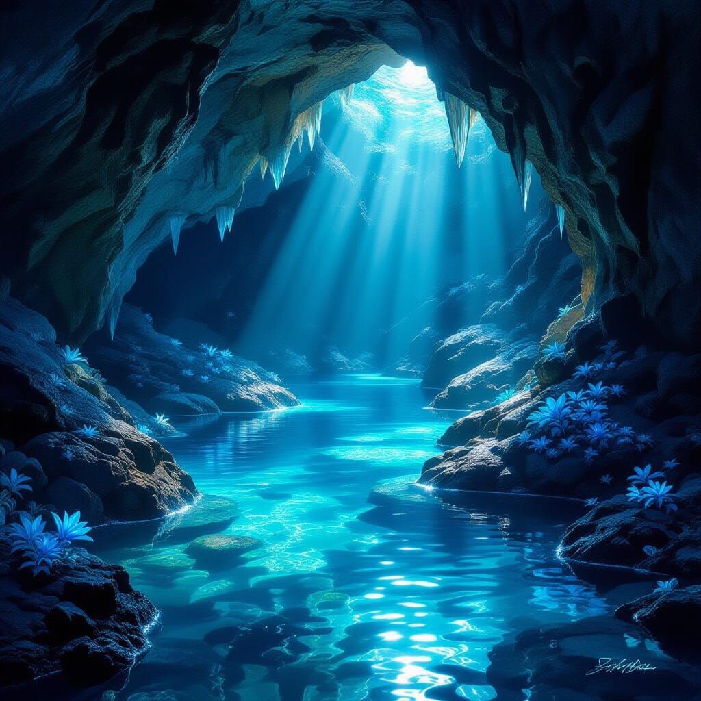 Crystal Cave Water Illuminated by Bioluminescence