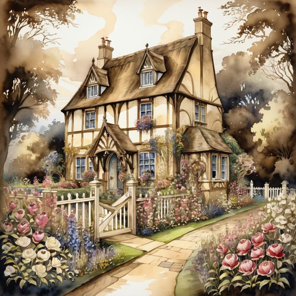 Gothic Sepia Flower Cottage: Watercolor Masterpiece