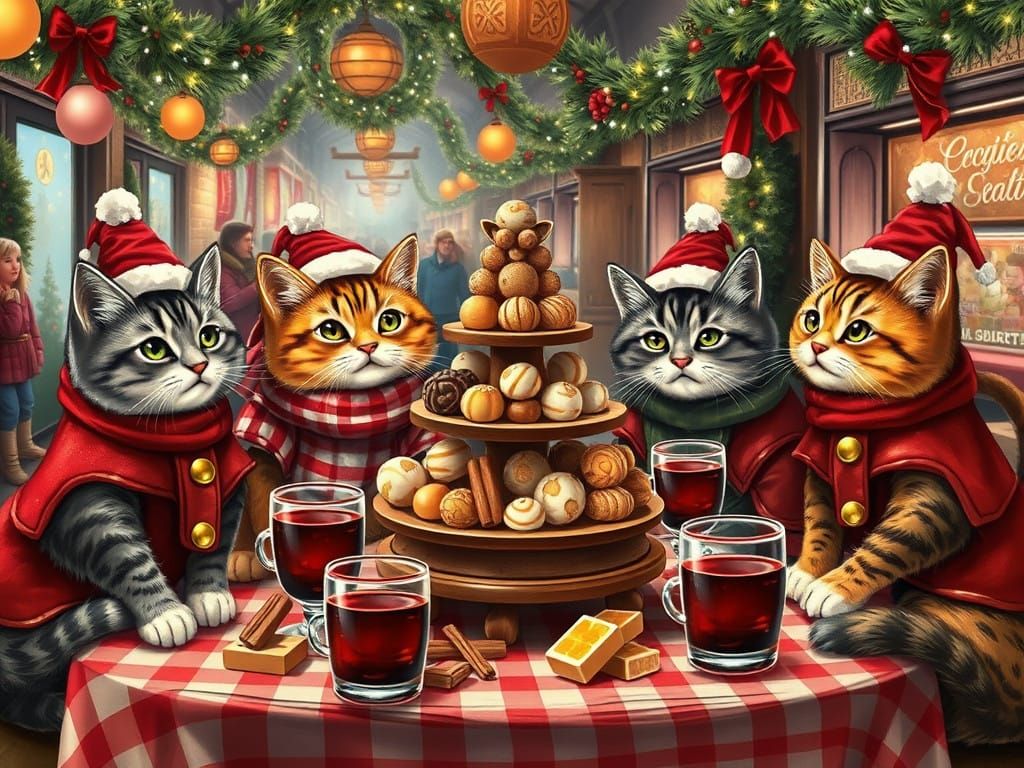 Cats in Santa Hats Gather at a Whimsical Christmas Market