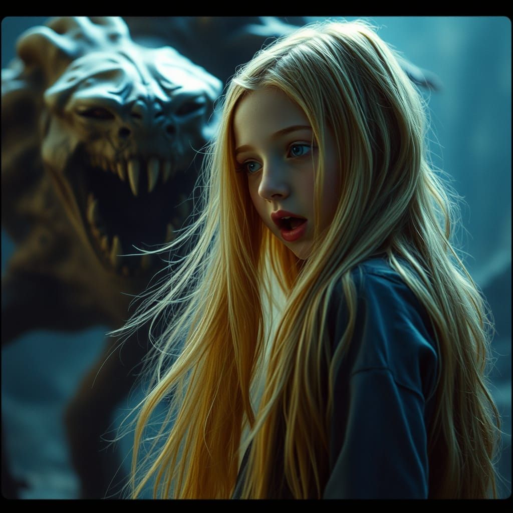 Dark Fantasy Teenage Girl Faces Cinematic Monster
