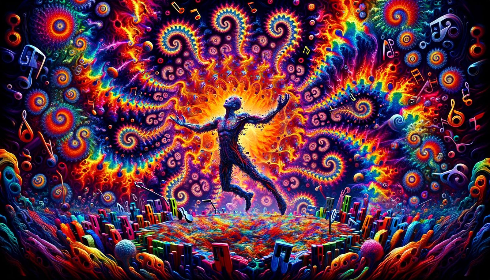 Psychedelic Vetruvian Man Dancing on Fractal Stage