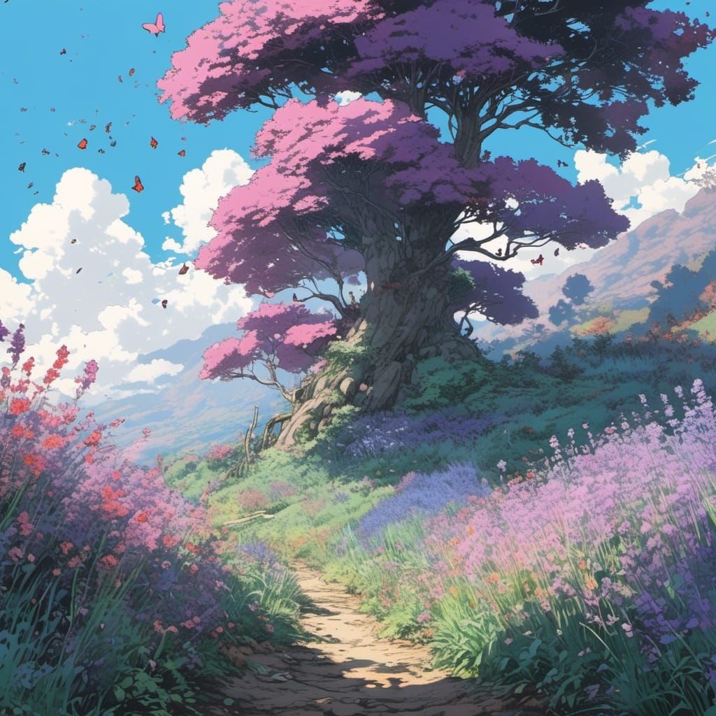 Lavender and Candytufts with Butterflies in Anime Style