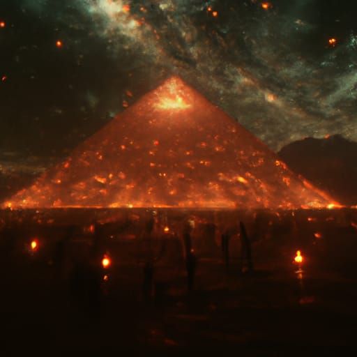 Multi-Dimensional Pyramid with Neon Panels and Alien Symbols