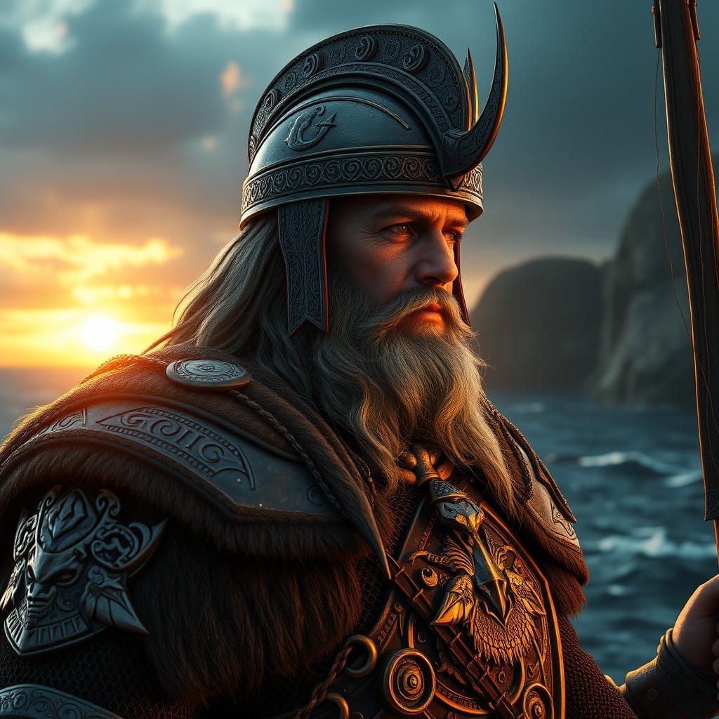 Viking Warrior Ready for Raids in Golden Sunset Glow