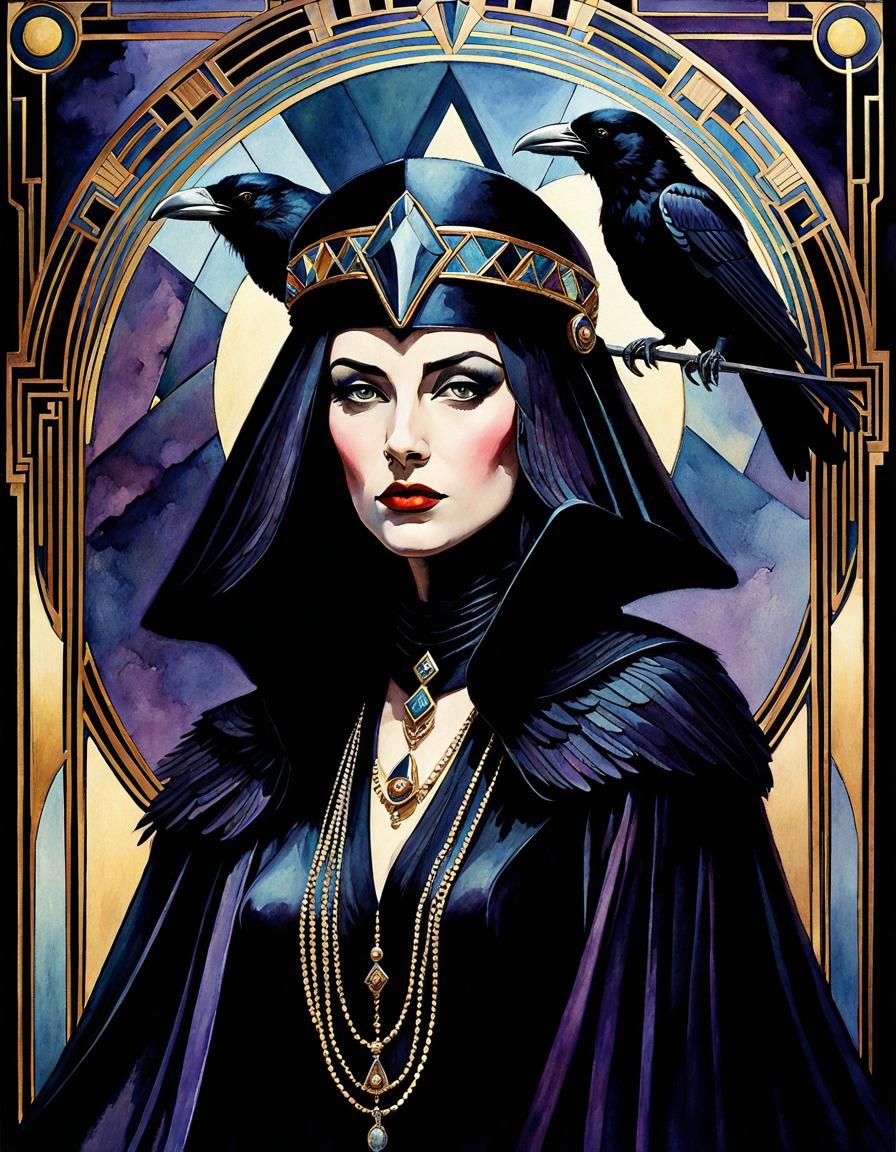 Art Deco Queen of Ravens in Watercolor