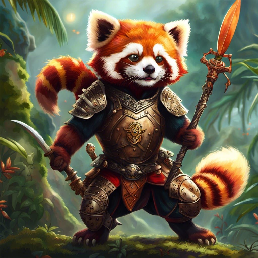 Red Panda Warrior on Lizard, Fantasy Art