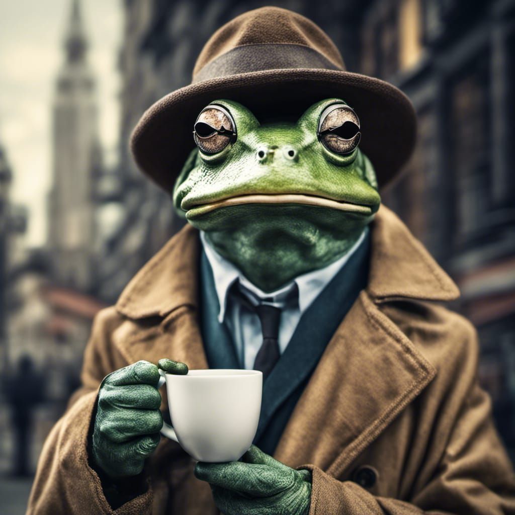 Hyperrealistic Tree Frog Inspector with Coffee