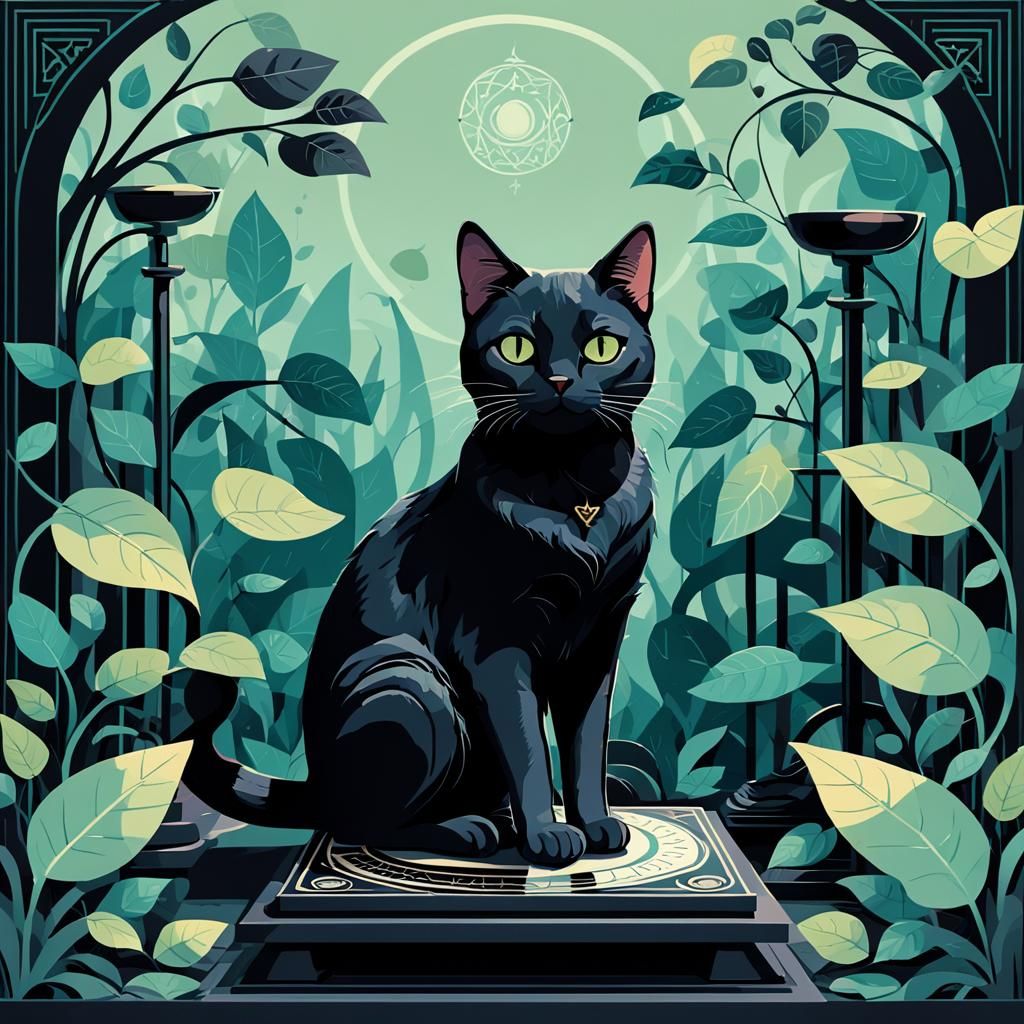 Mystical Black Cat Clip Art Illustration