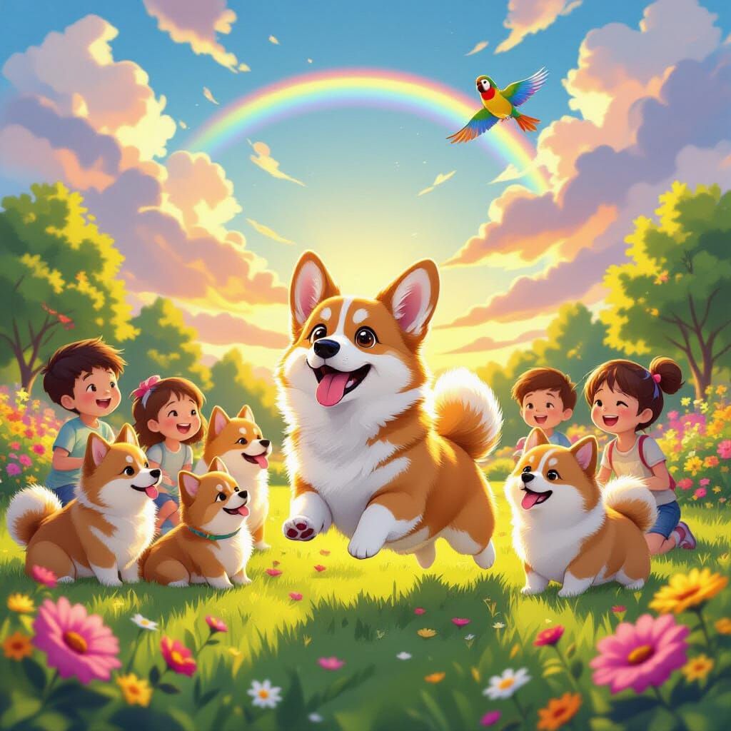 Cute Corgi Leaping in Vibrant Anime Dog Park