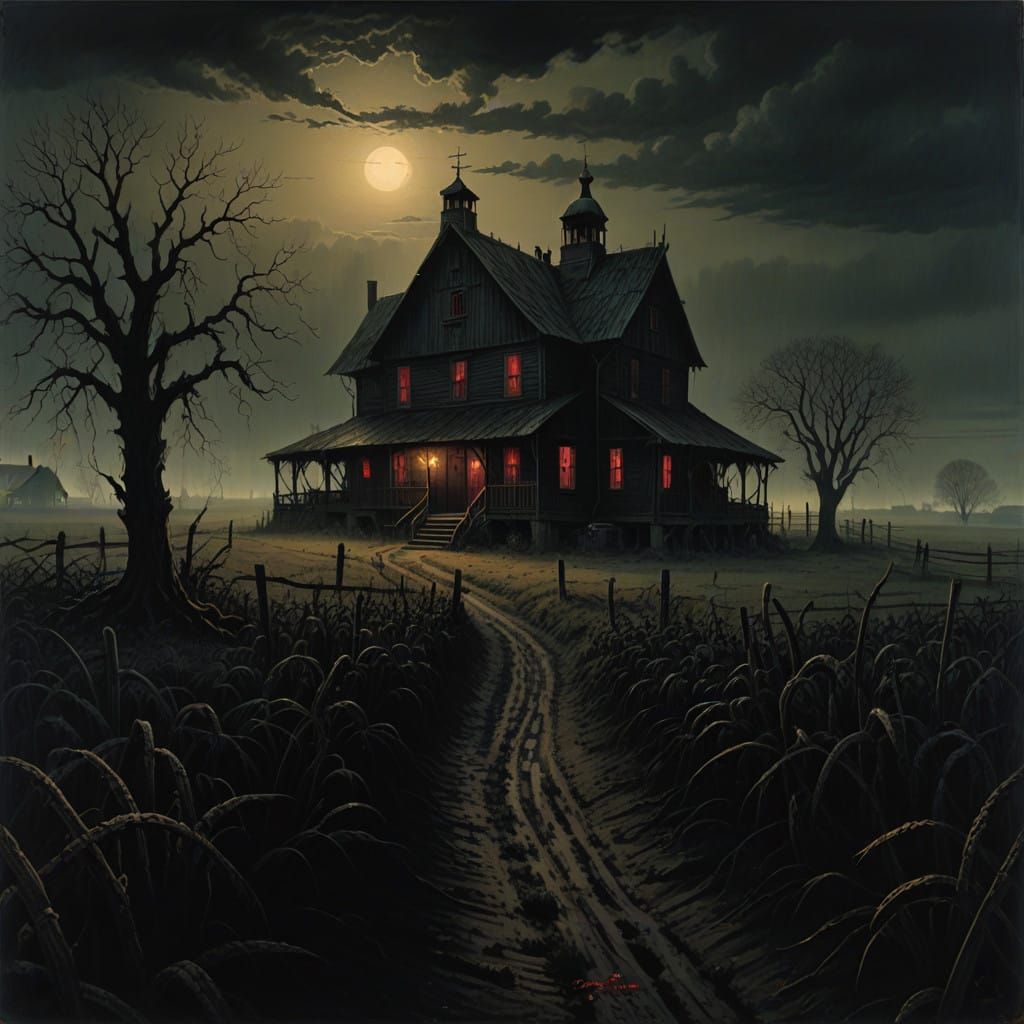 Dark Amish Farm with Red Eyes Looming in the Shadows