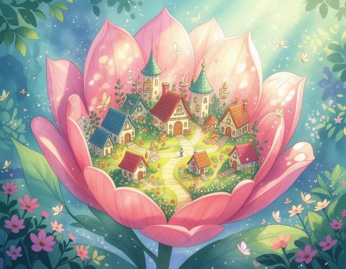 Whimsical Fairy City Inside Giant Flower Petals