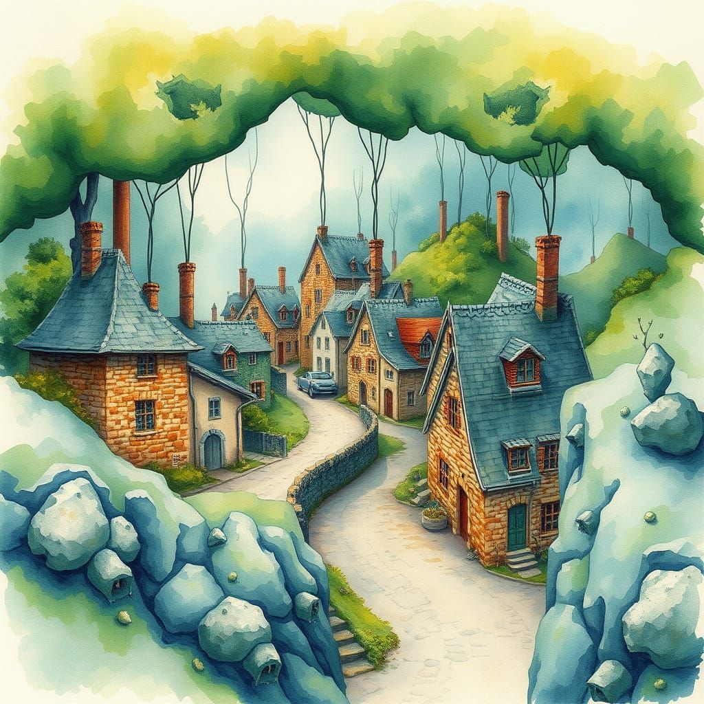 abstract watercolour painting of a whimsical landscape...