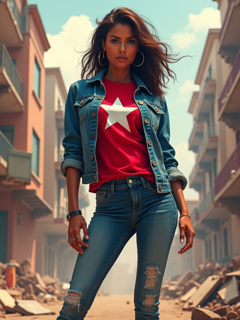 Confident Heroine Amidst Destruction, in Digital Matte Paint...