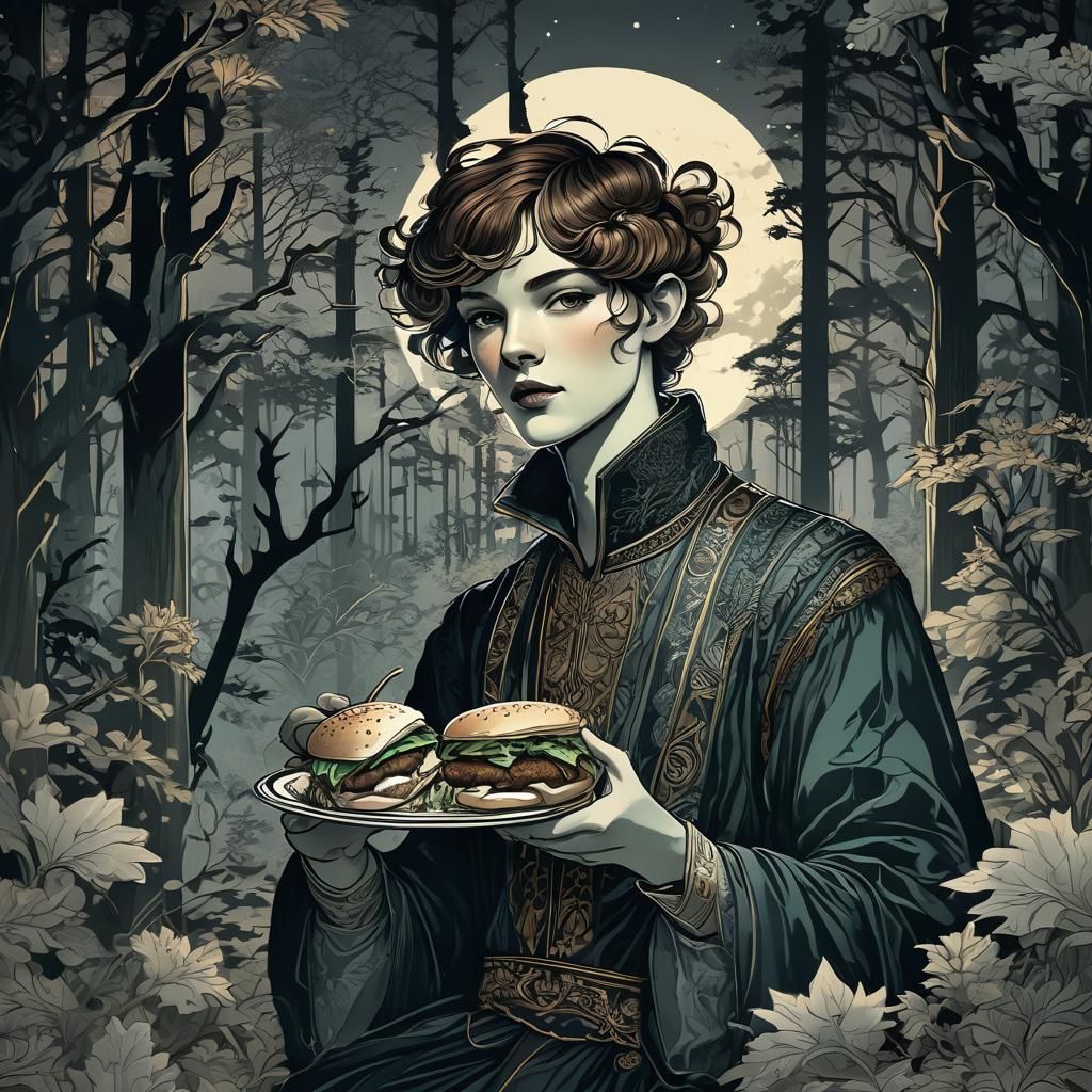 Art Deco Hipster Eating Hamburger in Moonlit Forest
