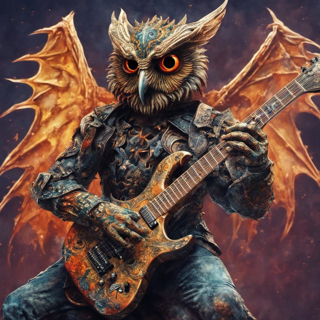 Armored Owl-Dragon Hybrid Shreds Guitar in Concert