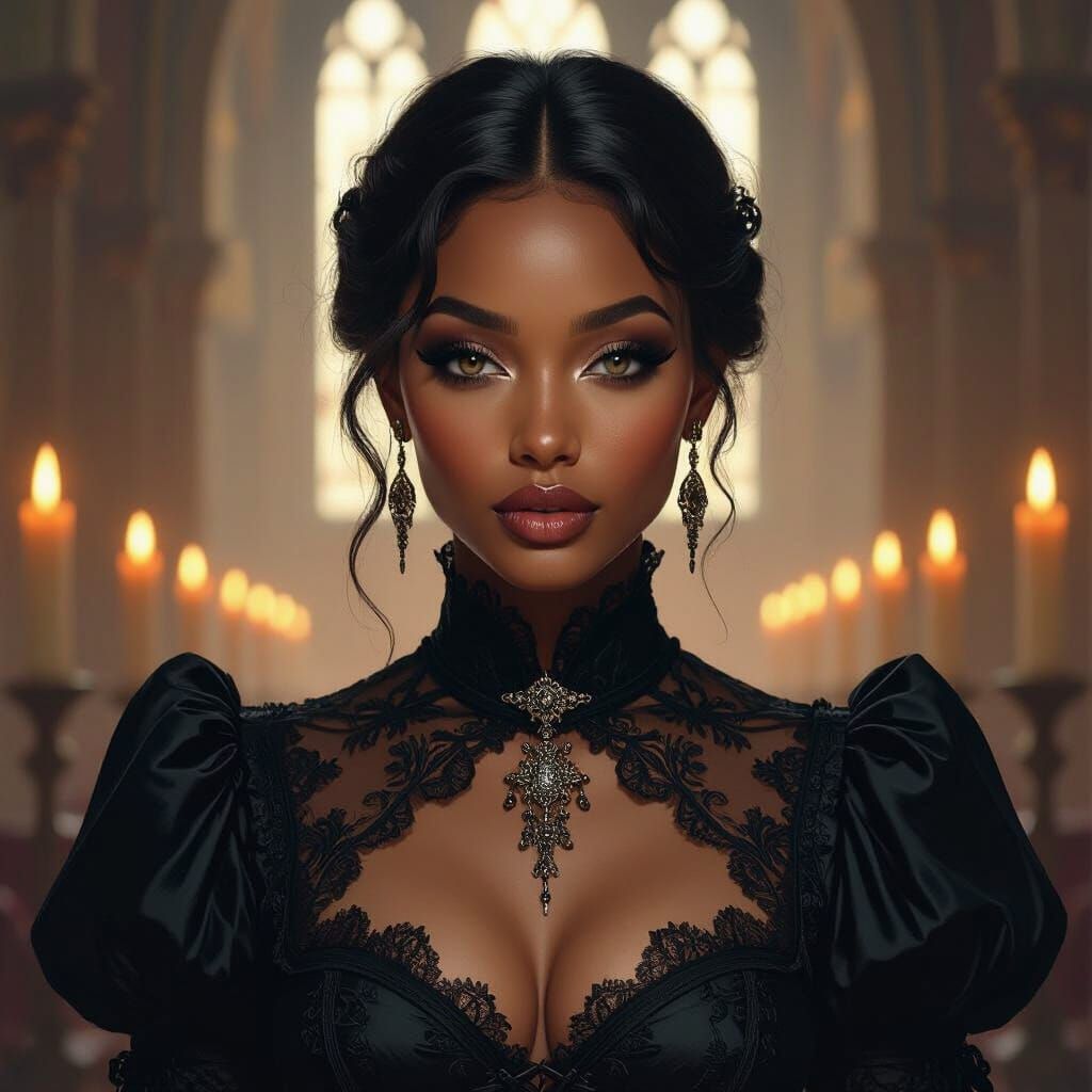Gothic Black Woman in Candlelit Cathedral Oil Painting