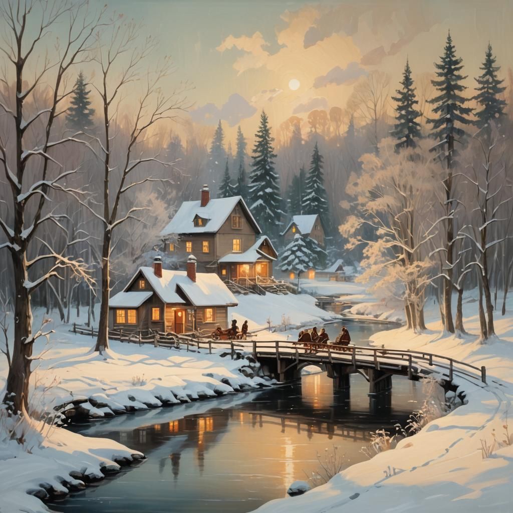 Whimsical Winter Wonderland in Soft Oil Painting Style