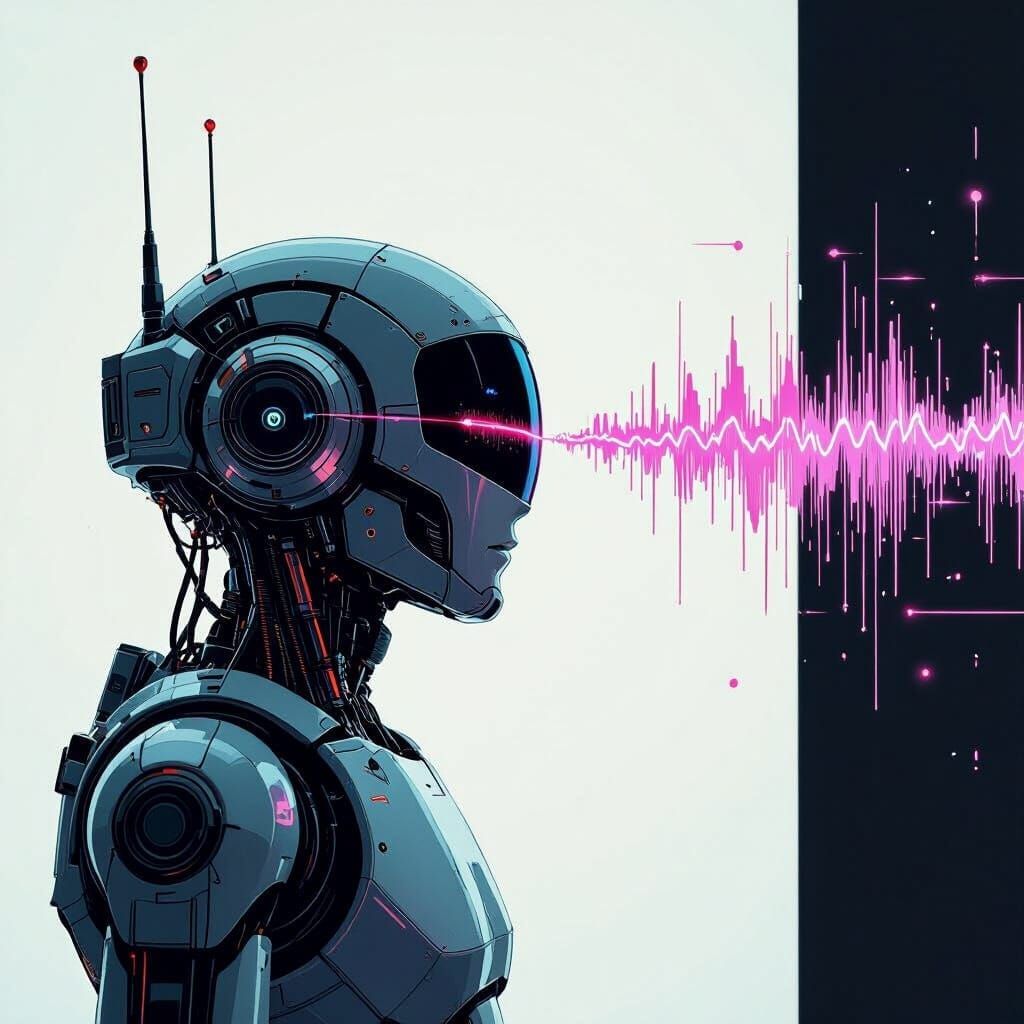 Robot Silhouette Emitting Sound Waves on Blank Background