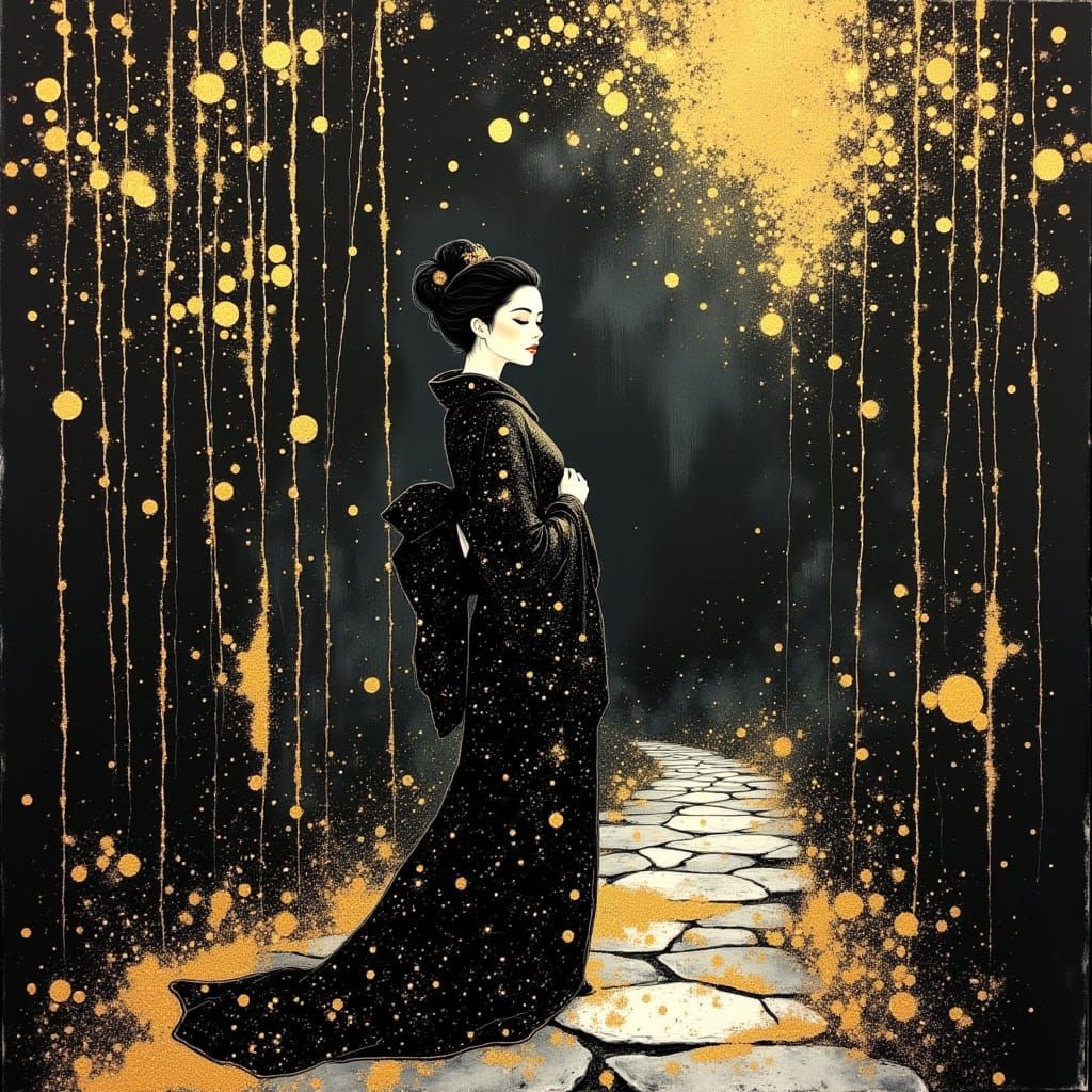 Geisha in Gold Embellished Kimono Under Lantern Light