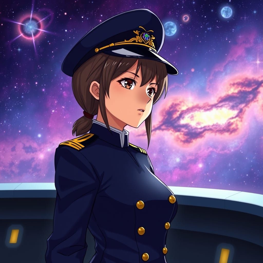 Anime Female Admiral on Starship Bridge Overlooking Nebula