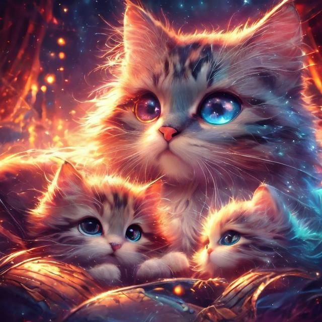 Mythical Mother Cat and Kittens: Vaporwave Aesthetic
