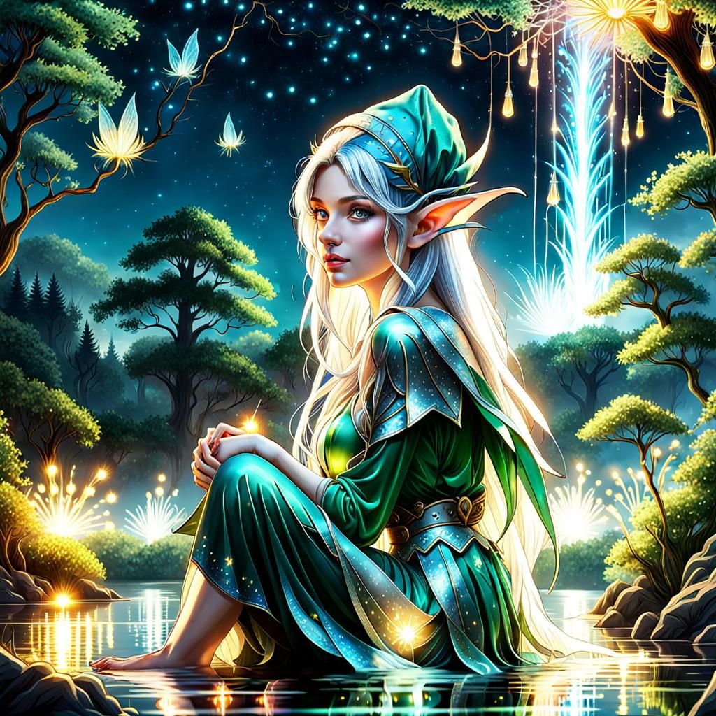 greenhaired elf sitting by a lake