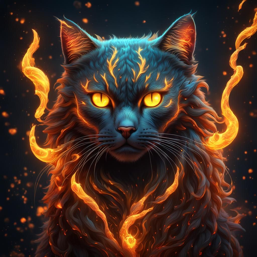 Fiery Flame Cat with Bioluminescent Eyes