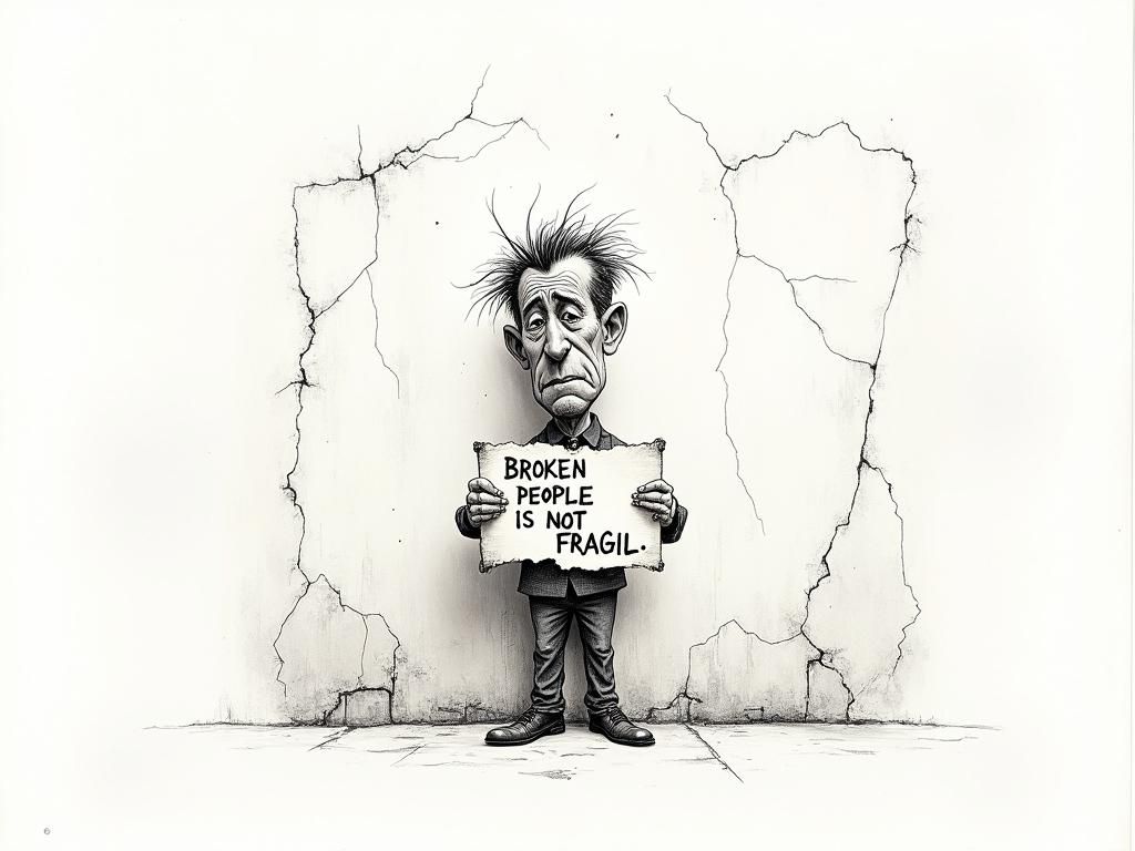 Weary Man with Sign, Caricature in Sketch Style