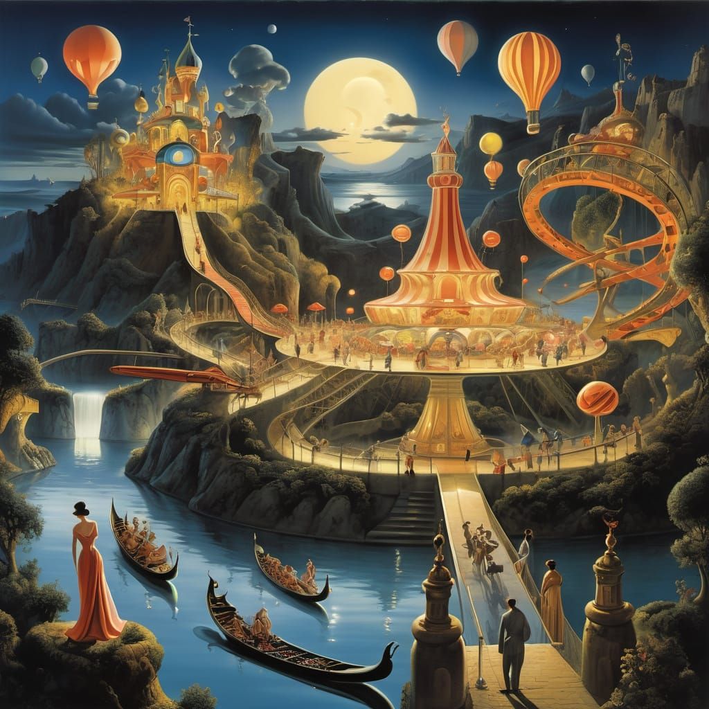 Surreal amusement park at night